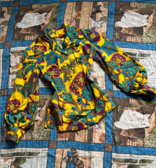 1960s  Bright Yellow Floral Print Balloon Print Blouse